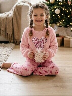 Btween Girls Pink Fuzzy Candy Cane Pajama Set Size 5